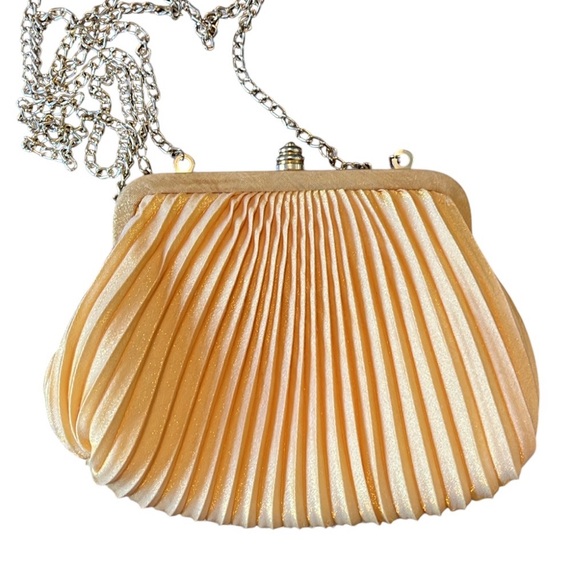 SASHA Handbags - Sasha Gold Satin Pleated small purse w/Gold chain shoulder strap 7.5”W X 5.5”H